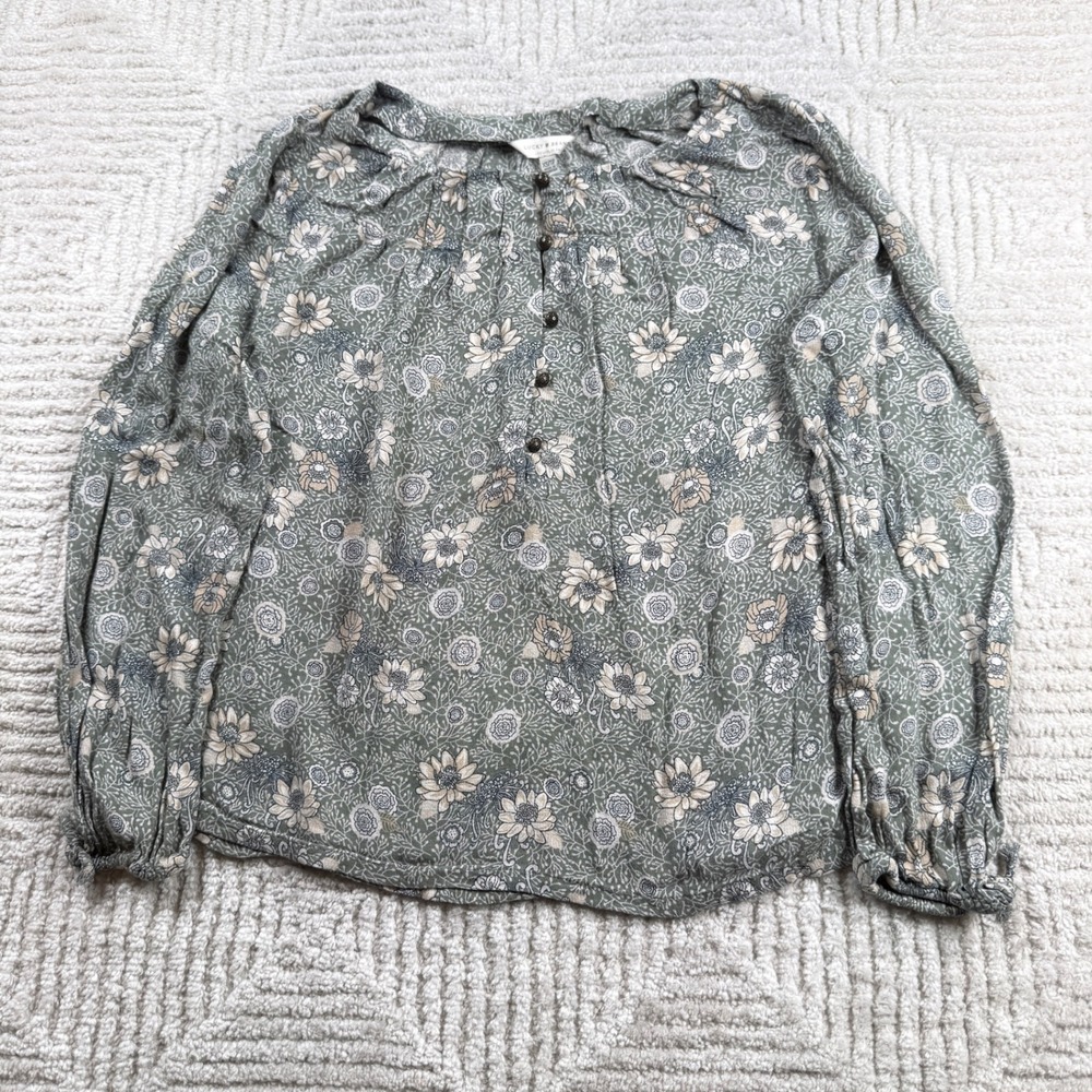 Lucky Brand Peasant Blouse Women's XS Green Floral Boho Cottagecore Romantic